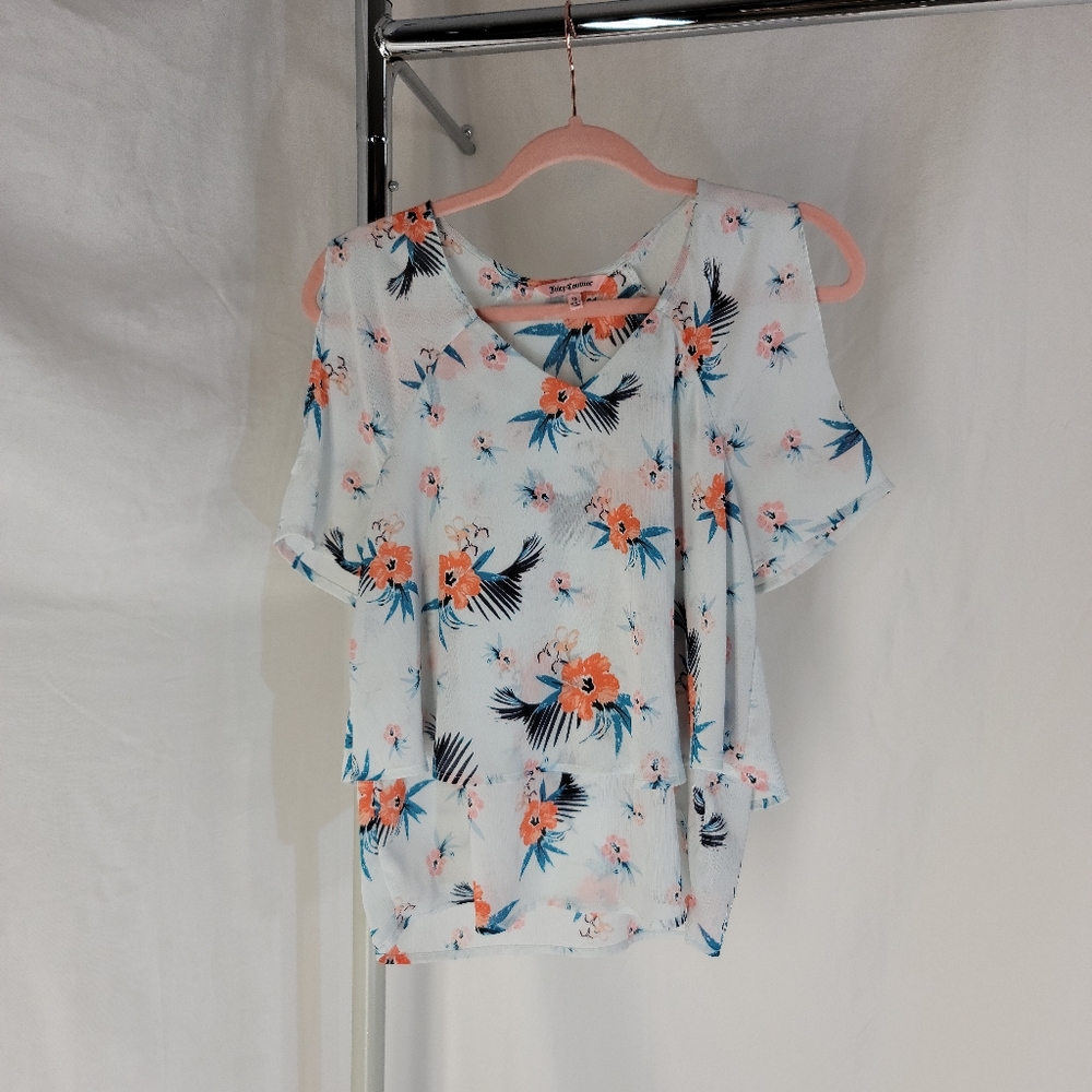 Juicy Couture Island Breeze Blouse, XS, pale blue/green, pink/orange flowers